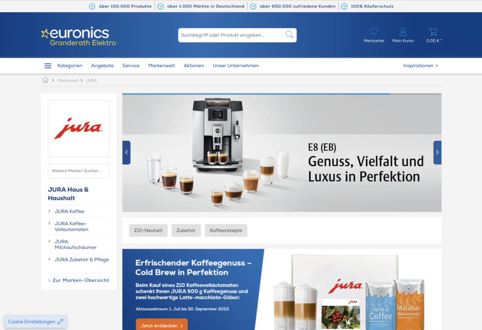 Unser Online-Shop-Partner Elektro Granderath in Düsseldorf bietet Jura-Kaffeevollautomaten und Zubehör im Online-Shop an